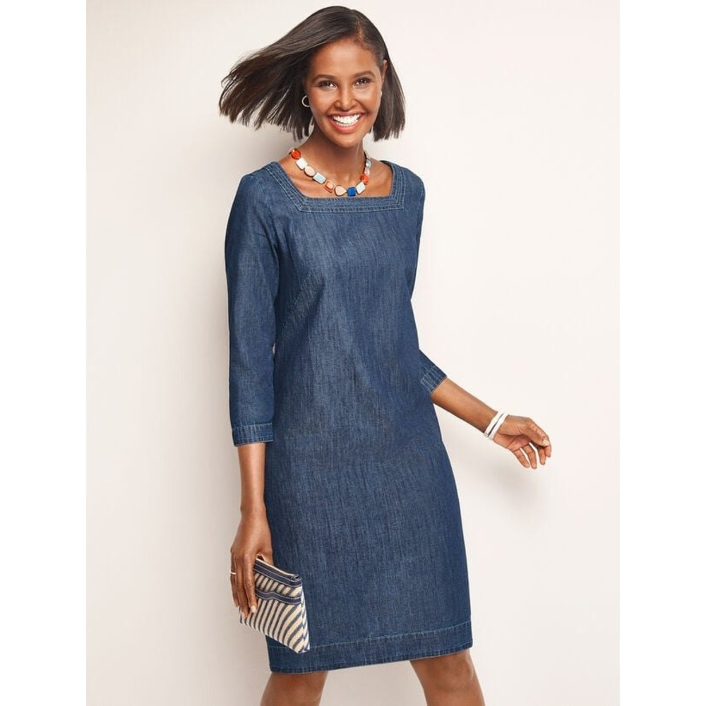 Talbots Denim Shift Dress 14W Blue Square Neck 3/4 Sleeve Cotton Modest Office